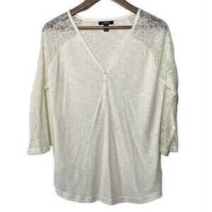 Chaps Denim Shirt 3/4 Sheer Lace Sleeve Button V-Neckline Off White Large